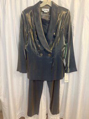 Vintage Cachet Womens Gold Blue Metallic Blazer & Pants Suit Set Size 10P Double